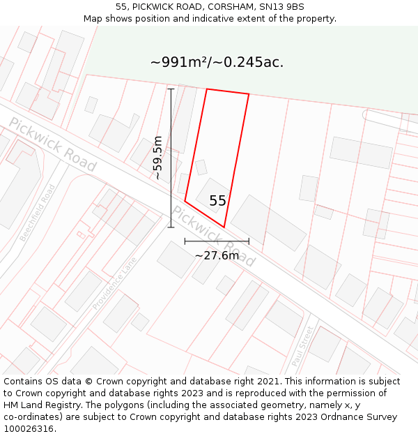 55, PICKWICK ROAD, CORSHAM, SN13 9BS: Plot and title map