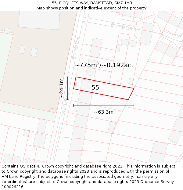 55, PICQUETS WAY, BANSTEAD, SM7 1AB: Plot and title map