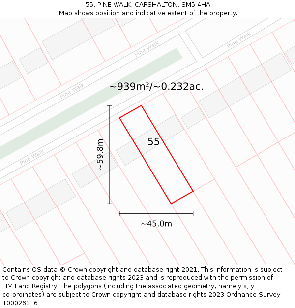 55, PINE WALK, CARSHALTON, SM5 4HA: Plot and title map