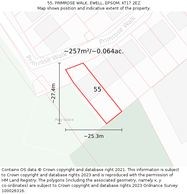 55, PRIMROSE WALK, EWELL, EPSOM, KT17 2EZ: Plot and title map