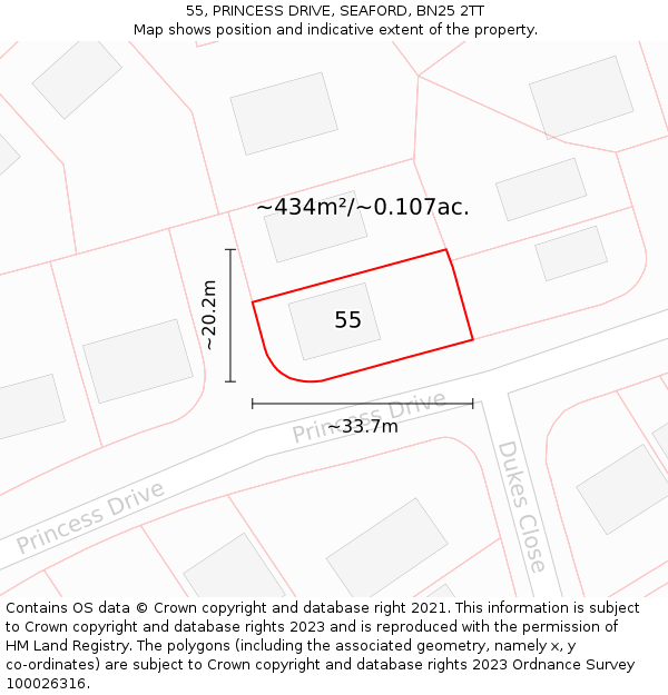 55, PRINCESS DRIVE, SEAFORD, BN25 2TT: Plot and title map
