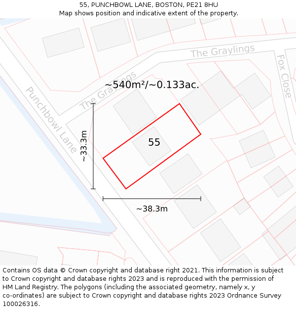 55, PUNCHBOWL LANE, BOSTON, PE21 8HU: Plot and title map