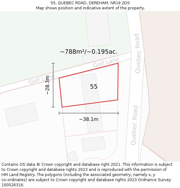 55, QUEBEC ROAD, DEREHAM, NR19 2DS: Plot and title map