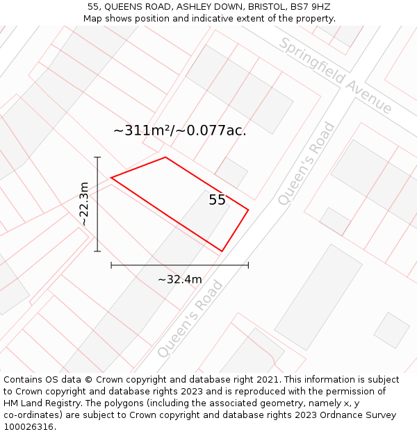 55, QUEENS ROAD, ASHLEY DOWN, BRISTOL, BS7 9HZ: Plot and title map