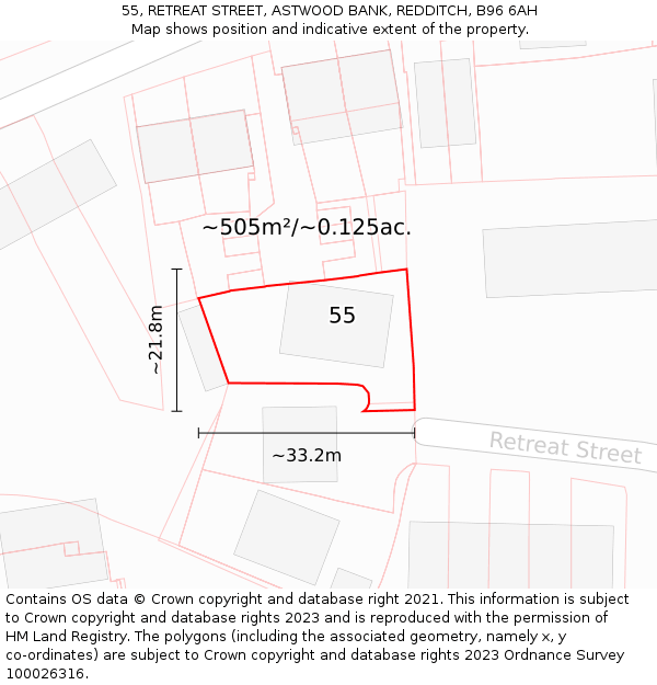 55, RETREAT STREET, ASTWOOD BANK, REDDITCH, B96 6AH: Plot and title map