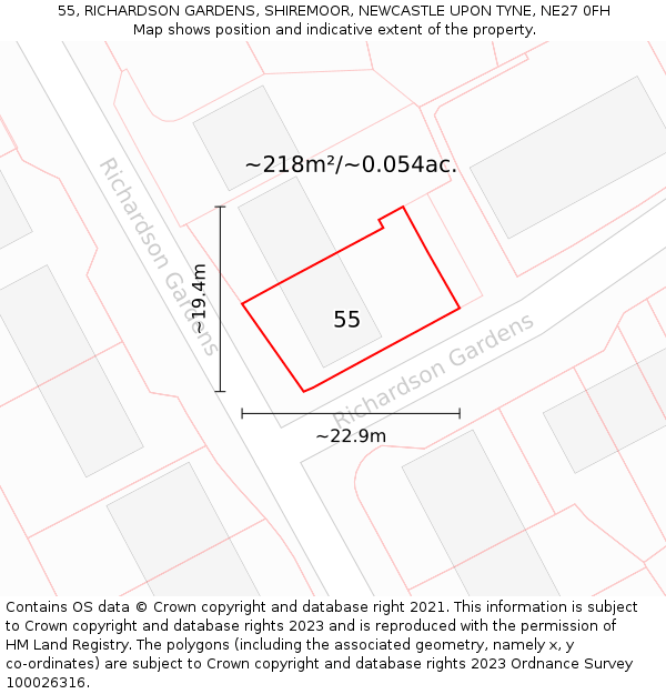 55, RICHARDSON GARDENS, SHIREMOOR, NEWCASTLE UPON TYNE, NE27 0FH: Plot and title map
