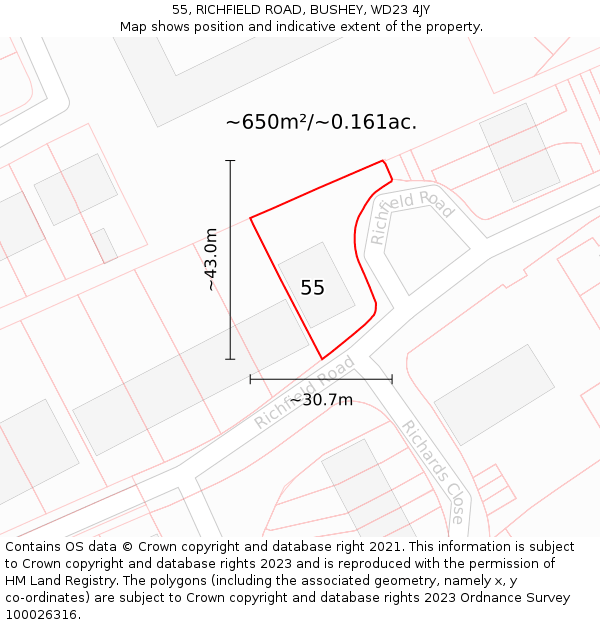 55, RICHFIELD ROAD, BUSHEY, WD23 4JY: Plot and title map