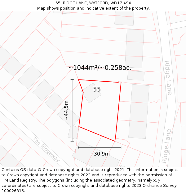 55, RIDGE LANE, WATFORD, WD17 4SX: Plot and title map