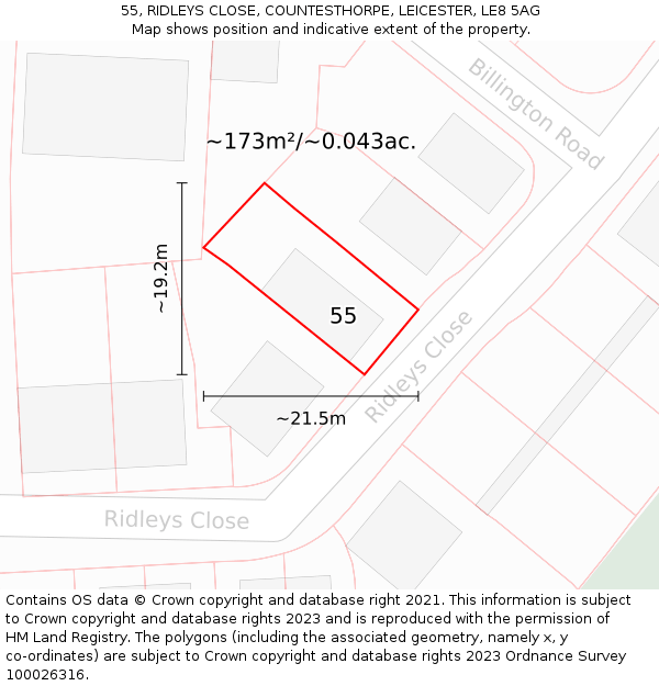 55, RIDLEYS CLOSE, COUNTESTHORPE, LEICESTER, LE8 5AG: Plot and title map