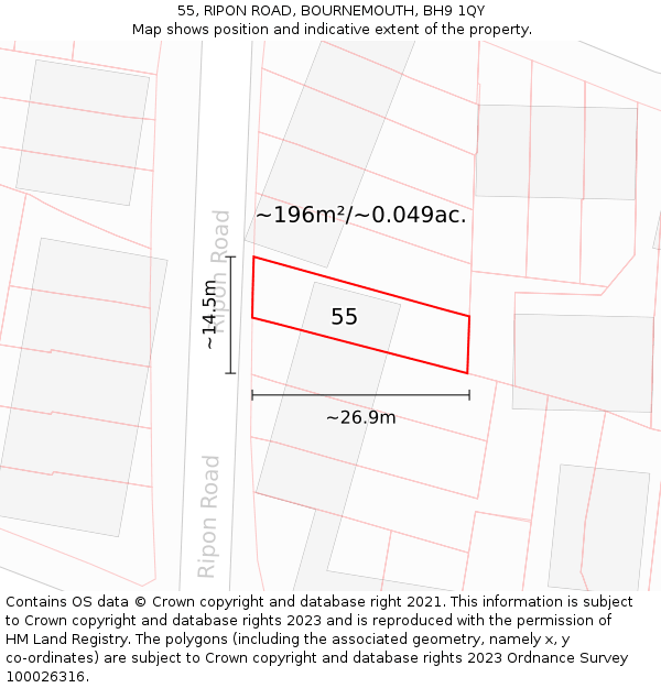 55, RIPON ROAD, BOURNEMOUTH, BH9 1QY: Plot and title map