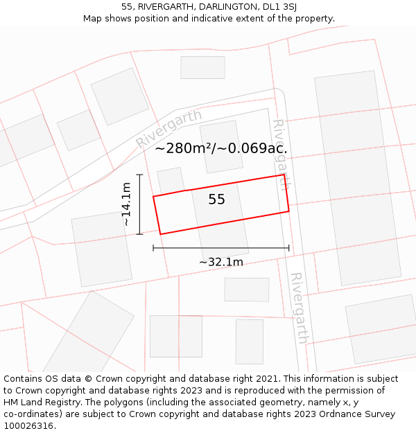 55, RIVERGARTH, DARLINGTON, DL1 3SJ: Plot and title map