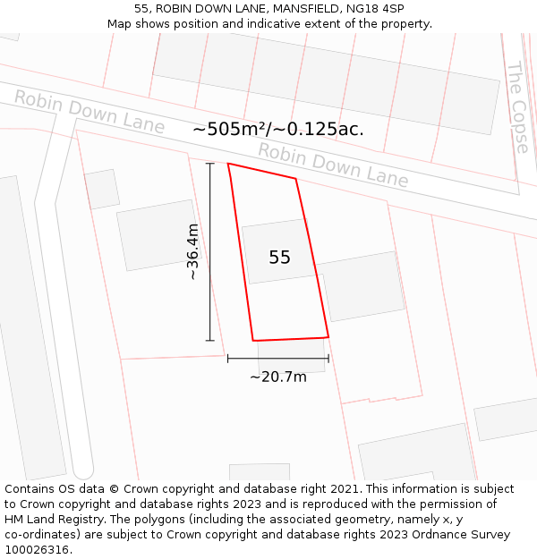 55, ROBIN DOWN LANE, MANSFIELD, NG18 4SP: Plot and title map