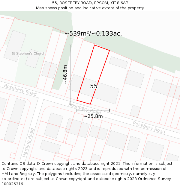 55, ROSEBERY ROAD, EPSOM, KT18 6AB: Plot and title map