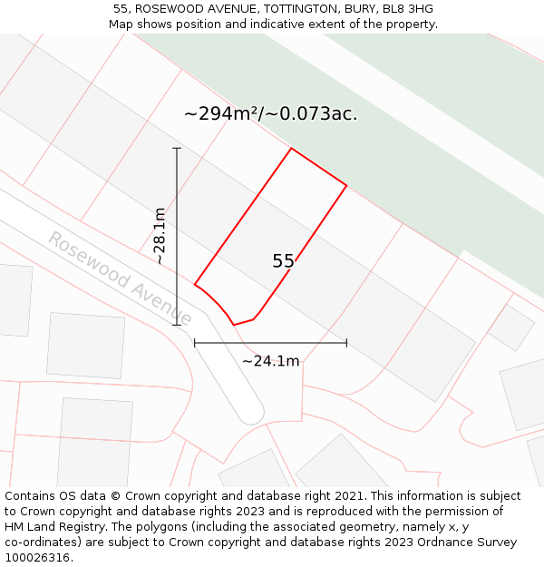 55, ROSEWOOD AVENUE, TOTTINGTON, BURY, BL8 3HG: Plot and title map