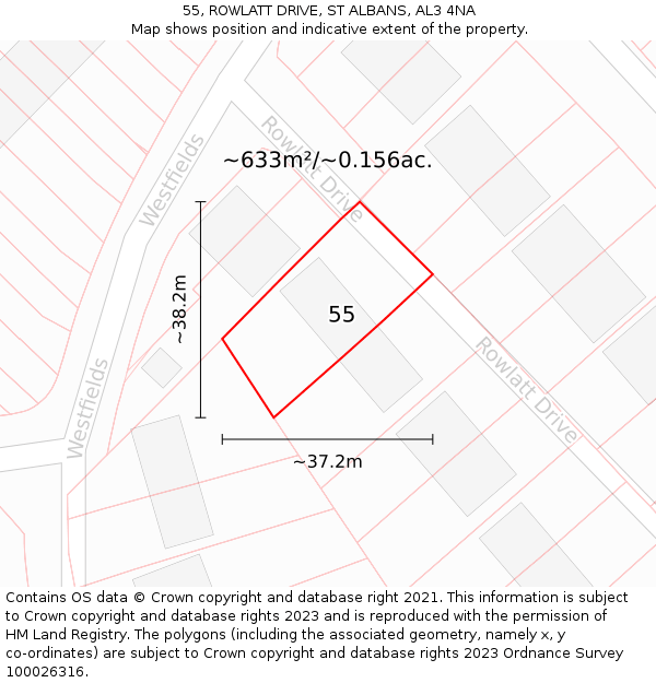 55, ROWLATT DRIVE, ST ALBANS, AL3 4NA: Plot and title map