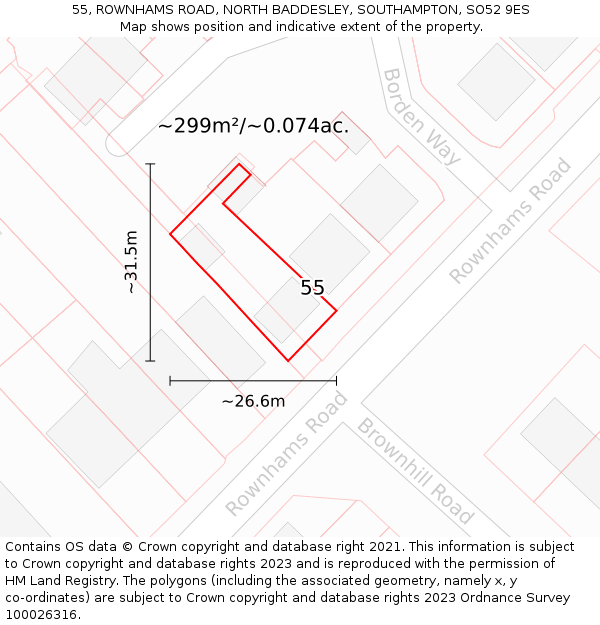 55, ROWNHAMS ROAD, NORTH BADDESLEY, SOUTHAMPTON, SO52 9ES: Plot and title map