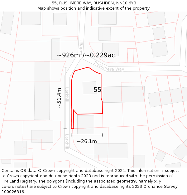 55, RUSHMERE WAY, RUSHDEN, NN10 6YB: Plot and title map