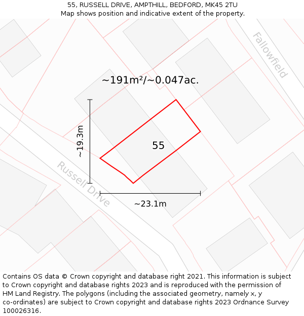 55, RUSSELL DRIVE, AMPTHILL, BEDFORD, MK45 2TU: Plot and title map