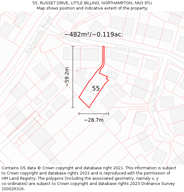 55, RUSSET DRIVE, LITTLE BILLING, NORTHAMPTON, NN3 9TU: Plot and title map
