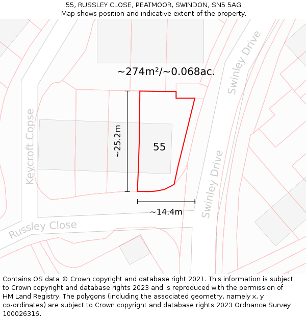 55, RUSSLEY CLOSE, PEATMOOR, SWINDON, SN5 5AG: Plot and title map