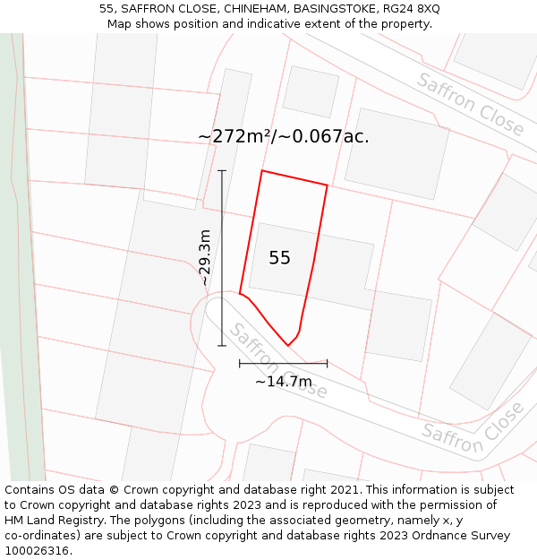 55, SAFFRON CLOSE, CHINEHAM, BASINGSTOKE, RG24 8XQ: Plot and title map