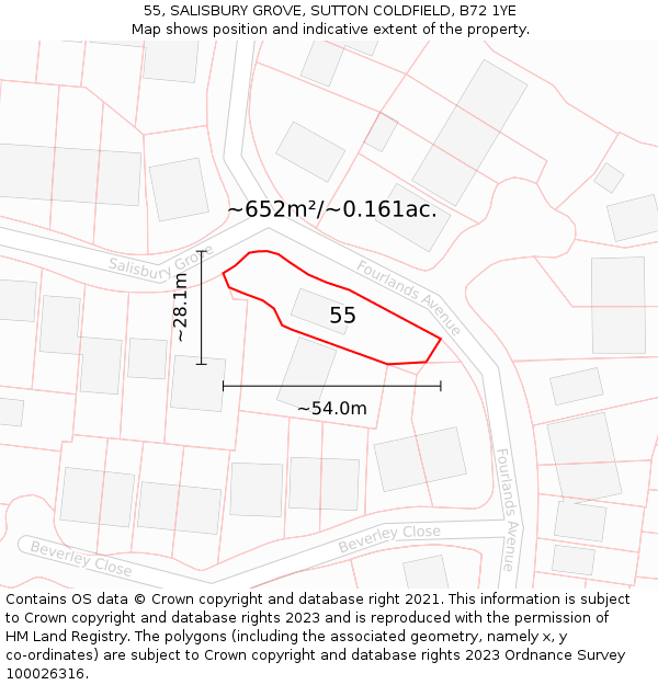 55, SALISBURY GROVE, SUTTON COLDFIELD, B72 1YE: Plot and title map