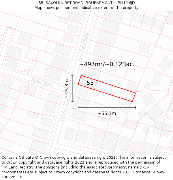 55, SAXONHURST ROAD, BOURNEMOUTH, BH10 6JD: Plot and title map