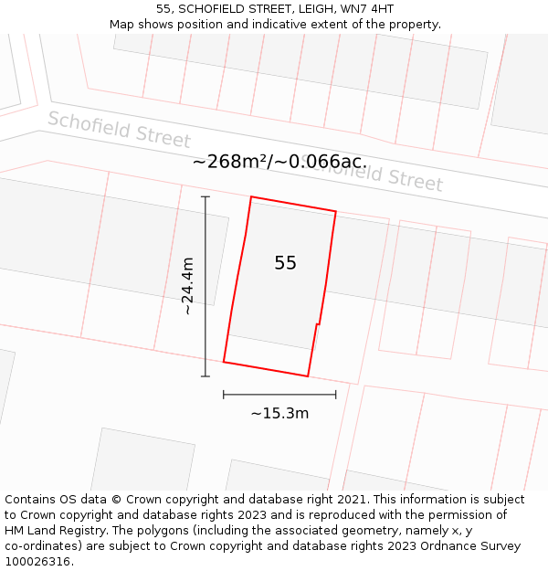 55, SCHOFIELD STREET, LEIGH, WN7 4HT: Plot and title map
