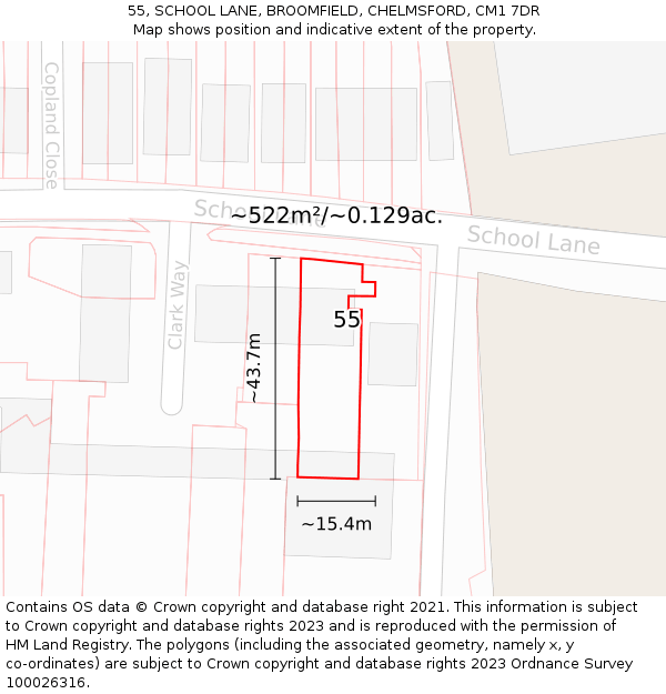 55, SCHOOL LANE, BROOMFIELD, CHELMSFORD, CM1 7DR: Plot and title map