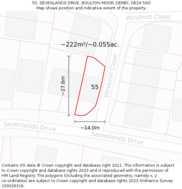 55, SEVENLANDS DRIVE, BOULTON MOOR, DERBY, DE24 5AD: Plot and title map