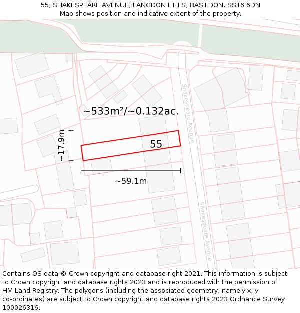 55, SHAKESPEARE AVENUE, LANGDON HILLS, BASILDON, SS16 6DN: Plot and title map