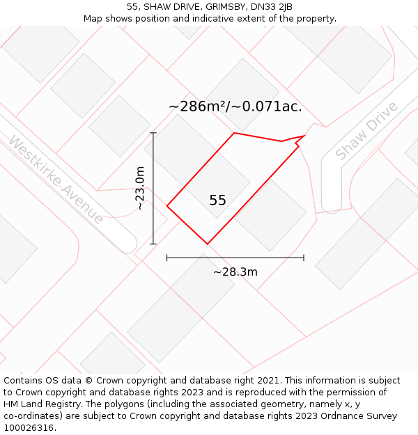 55, SHAW DRIVE, GRIMSBY, DN33 2JB: Plot and title map