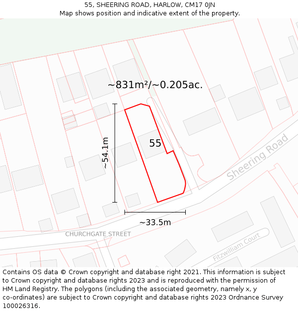 55, SHEERING ROAD, HARLOW, CM17 0JN: Plot and title map