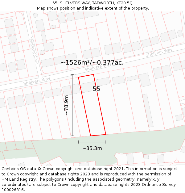 55, SHELVERS WAY, TADWORTH, KT20 5QJ: Plot and title map