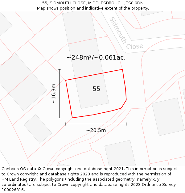 55, SIDMOUTH CLOSE, MIDDLESBROUGH, TS8 9DN: Plot and title map