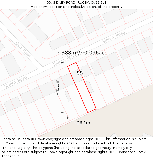 55, SIDNEY ROAD, RUGBY, CV22 5LB: Plot and title map