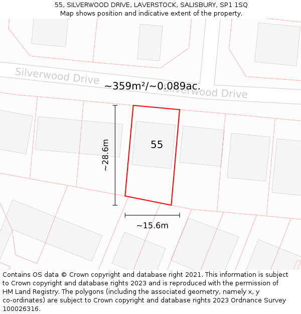 55, SILVERWOOD DRIVE, LAVERSTOCK, SALISBURY, SP1 1SQ: Plot and title map