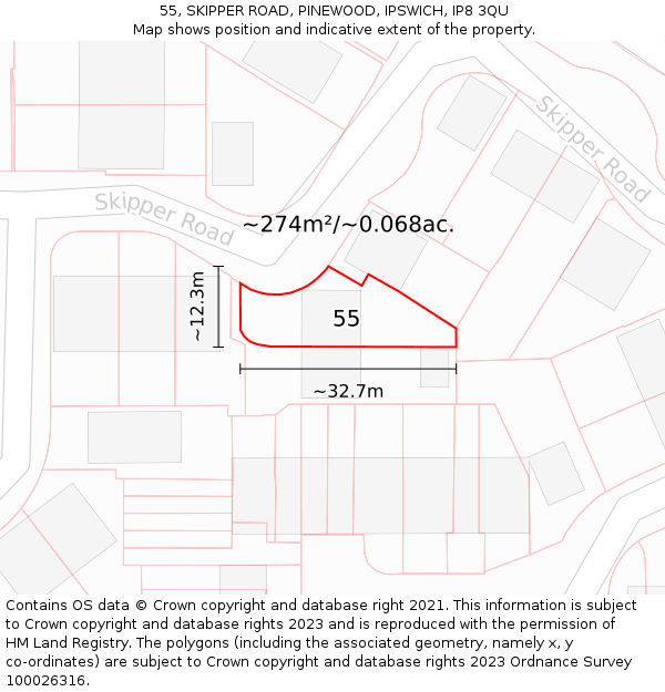 55, SKIPPER ROAD, PINEWOOD, IPSWICH, IP8 3QU: Plot and title map