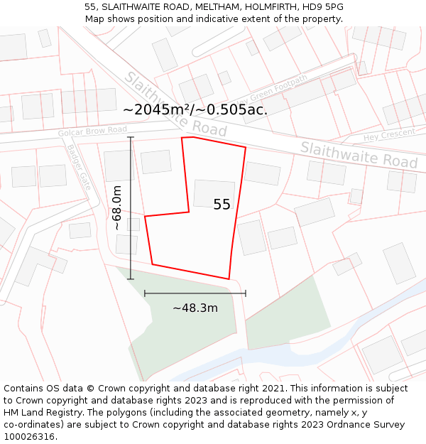 55, SLAITHWAITE ROAD, MELTHAM, HOLMFIRTH, HD9 5PG: Plot and title map