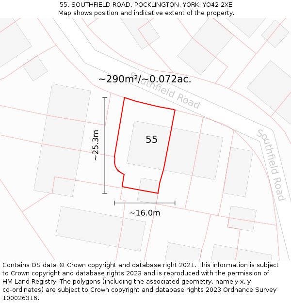 55, SOUTHFIELD ROAD, POCKLINGTON, YORK, YO42 2XE: Plot and title map