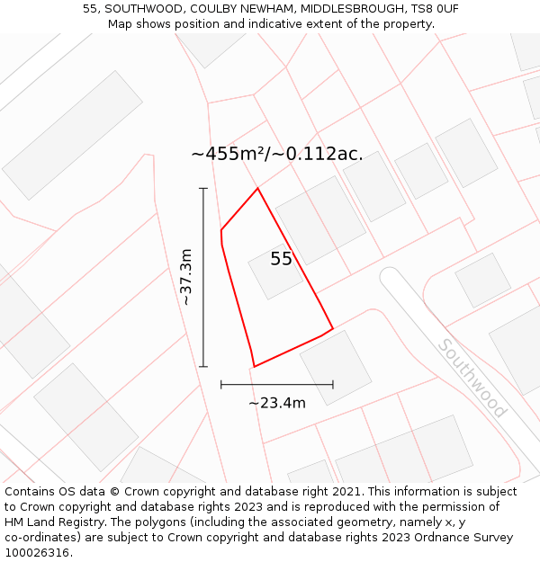 55, SOUTHWOOD, COULBY NEWHAM, MIDDLESBROUGH, TS8 0UF: Plot and title map