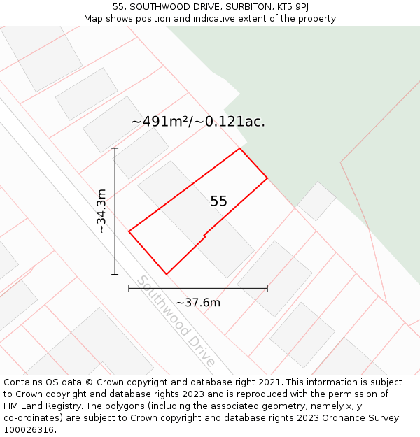 55, SOUTHWOOD DRIVE, SURBITON, KT5 9PJ: Plot and title map