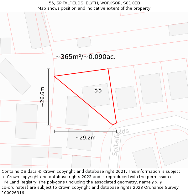 55, SPITALFIELDS, BLYTH, WORKSOP, S81 8EB: Plot and title map
