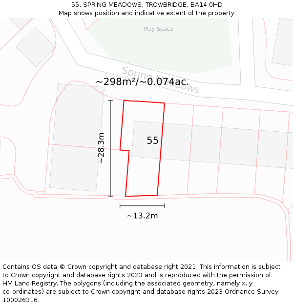55, SPRING MEADOWS, TROWBRIDGE, BA14 0HD: Plot and title map