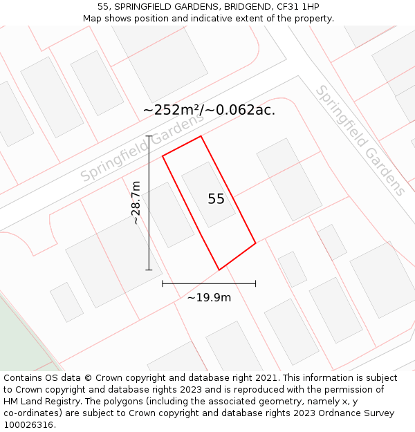 55, SPRINGFIELD GARDENS, BRIDGEND, CF31 1HP: Plot and title map