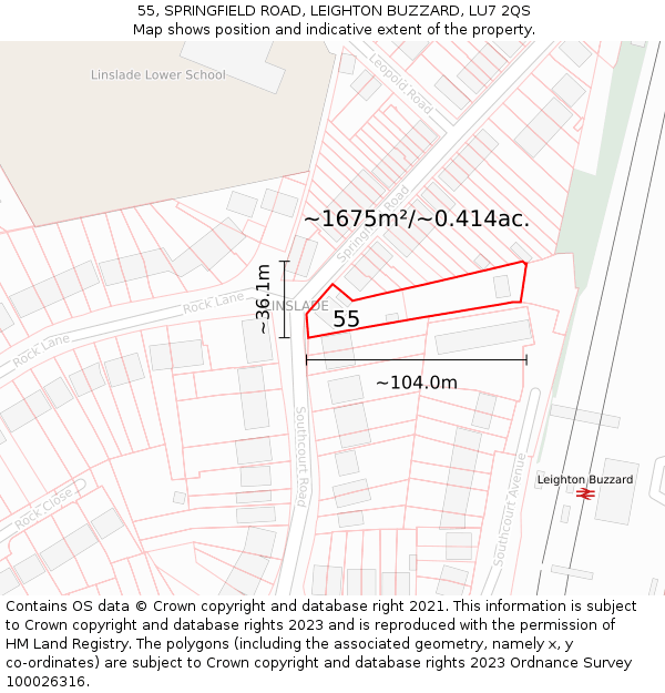 55, SPRINGFIELD ROAD, LEIGHTON BUZZARD, LU7 2QS: Plot and title map
