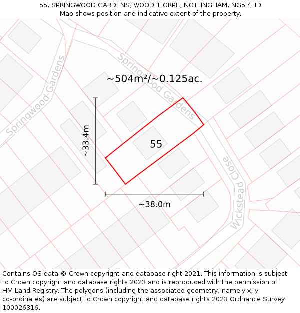 55, SPRINGWOOD GARDENS, WOODTHORPE, NOTTINGHAM, NG5 4HD: Plot and title map