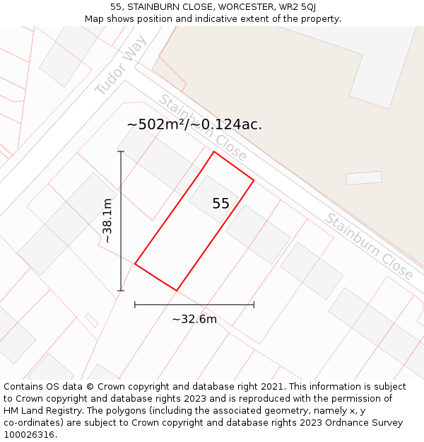 55, STAINBURN CLOSE, WORCESTER, WR2 5QJ: Plot and title map