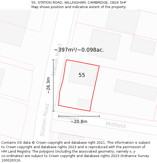 55, STATION ROAD, WILLINGHAM, CAMBRIDGE, CB24 5HF: Plot and title map