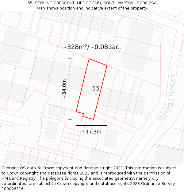 55, STIRLING CRESCENT, HEDGE END, SOUTHAMPTON, SO30 2SA: Plot and title map